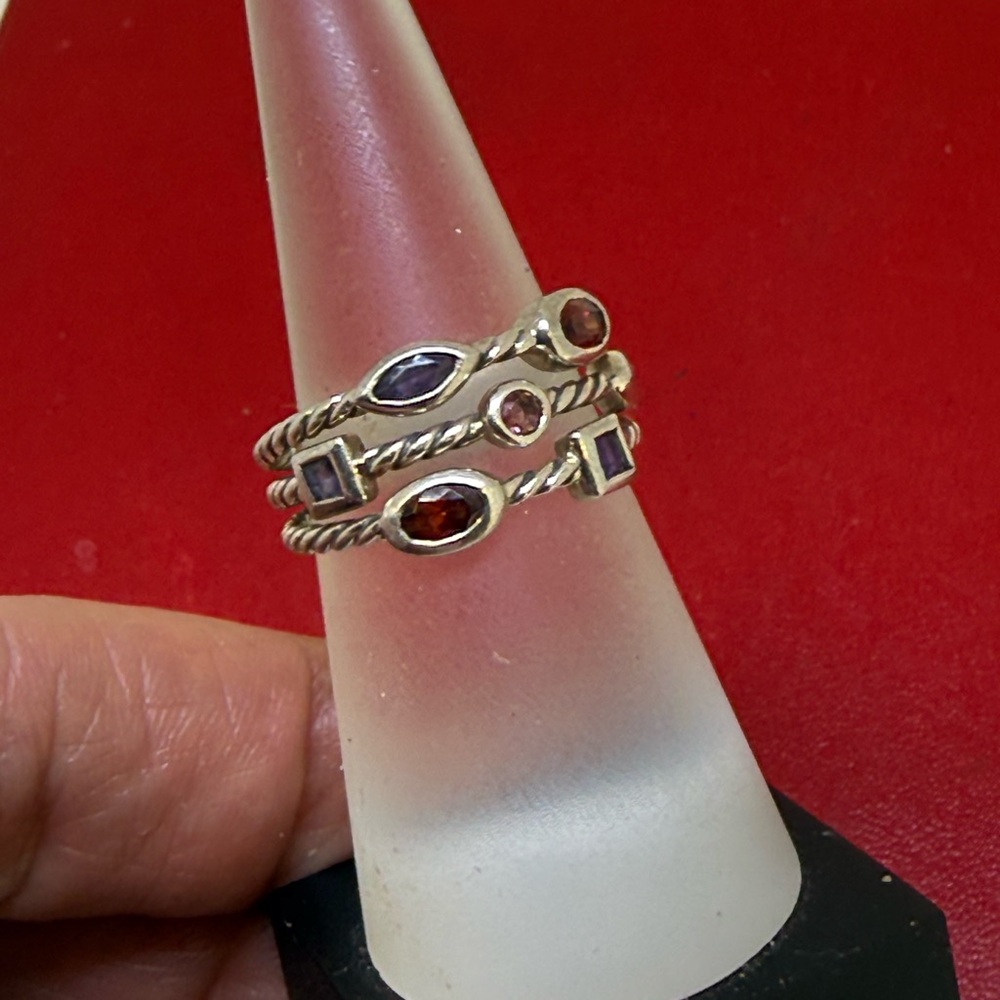 David Yurman Sterling Silver 925 Multi Gemstone 3 Row Berry Confetti Ring Sz 7.5